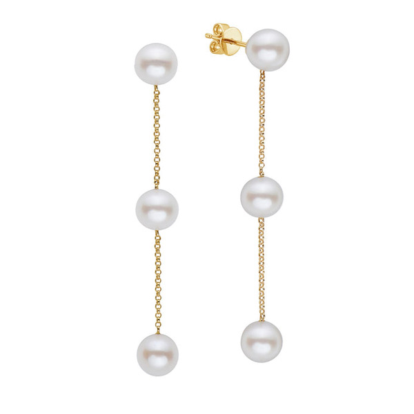 14k Yellow Gold Triple Round Freshwater Cultured Pearl Chain Drop Earrings