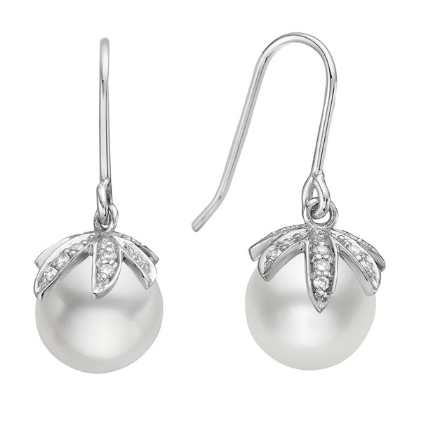 14k White Gold 9mm Freshwater Cultured Pearl Dangle Earrings with Diamond Crowns