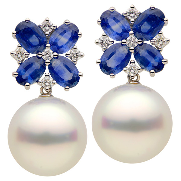 18k White Gold 4.6 ct tw Blue Sapphire and 13mm South Sea Pearl Clover Dangle Earrings with Diamonds