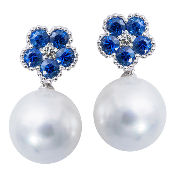 18k White Gold 1.7 ct tw Blue Sapphire and 12mm South Sea Pearl Floral Dangle Earrings with Diamonds