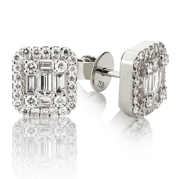 18k White Gold .54 ct tw Baguette and Round Diamond Stud Earrings