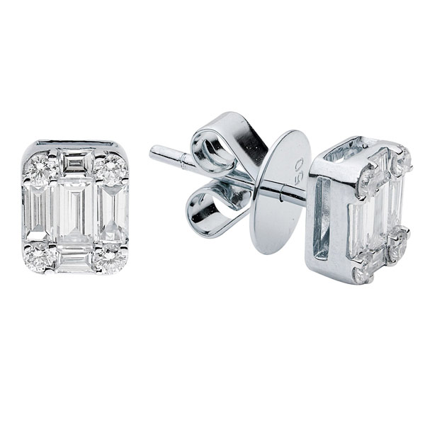 18k White Gold .37 ct tw Baguette and Round Diamond Stud Earrings