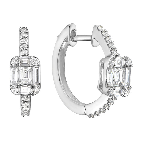 18k White Gold .50 ct tw Baguette and Round Diamond Hoop Earrings