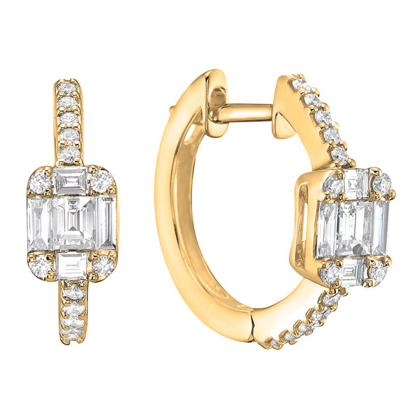 18k Yellow Gold .50 ct tw Baguette and Round Diamond Hoop Earrings