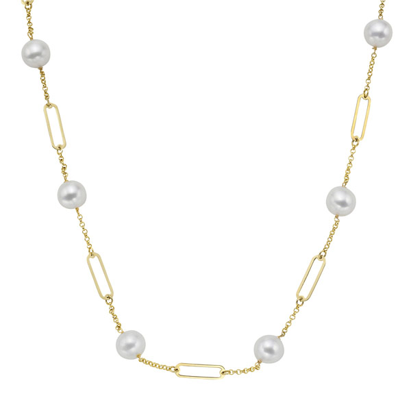 14k Yellow Gold 9mm Freshwater Cultured Pearl Station Tin Cup Necklace with Paper Clip Link and Cable Chain 20in