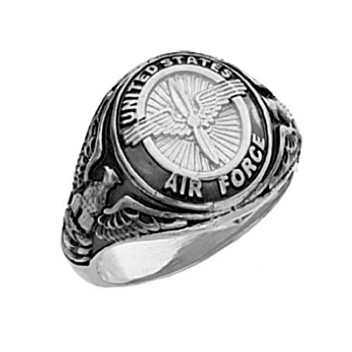 10k White Gold US Air Force Signet Ring with Black Antique Finish