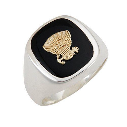 Sterling Silver Black Onyx United States Navy Ring with Smooth Sides