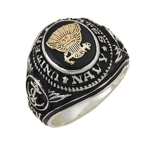 Sterling Silver Black Onyx United States Navy Ring with Gold Emblem