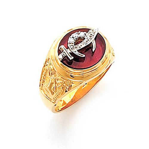10kt Yellow Gold Diamond Shrine Ring with Red Oval Stone