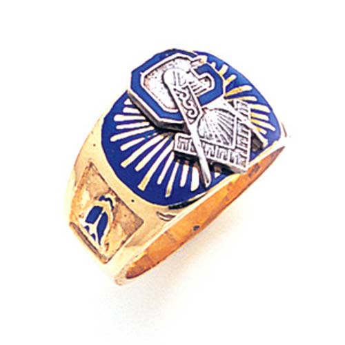 10kt Yellow Gold Masonic Ring with Blue Enamel Sunburst Top