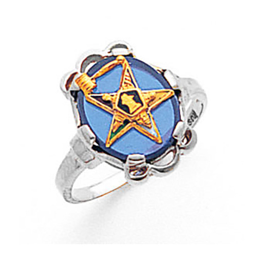 Eastern Star Past Matron Ring with Oval Blue Stone 14k White Gold
