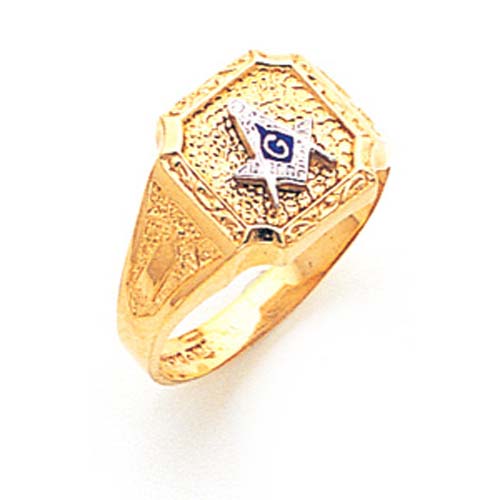14k Yellow Gold Small Masonic Ring with Square Pebble Top