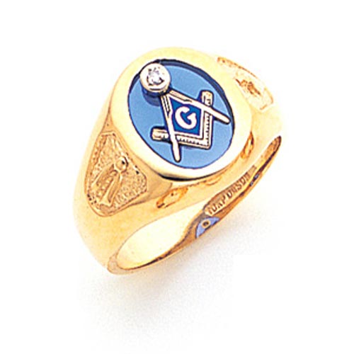14kt Yellow Gold Masonic Ring with Diamond Accent and Oval Stone