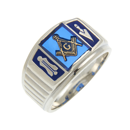 Sterling Silver Masonic Ring with Blue Stone and Ridges