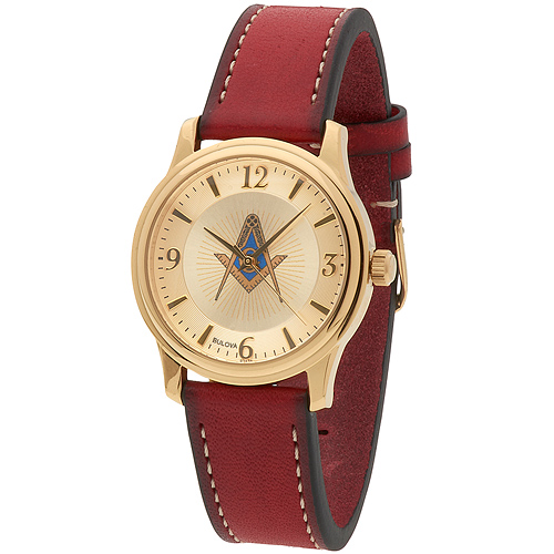 Gold Tone Bulova Masonic Watch with Red Leather Strap