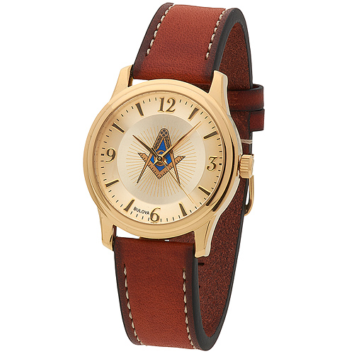 Gold Tone Bulova Masonic Watch with Tan Leather Strap