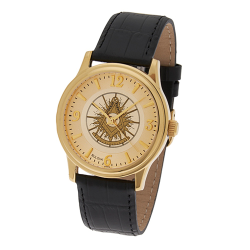 Gold Tone Past Master Masonic Watch with Black Leather Strap