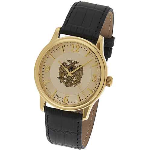 Gold Tone Bulova Scottish Rite Black Leather Watch