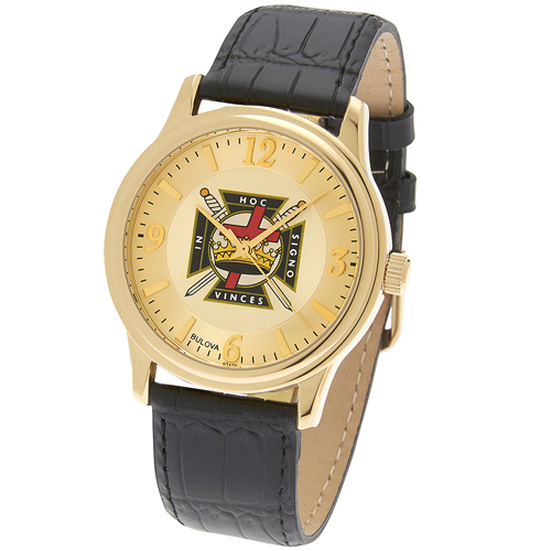 38mm Gold-tone Bulova Knights Templar Watch with Black Leather Strap