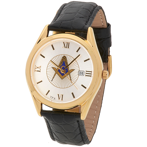 Gold-tone Bulova TFX Masonic Watch with Black Leather Strap