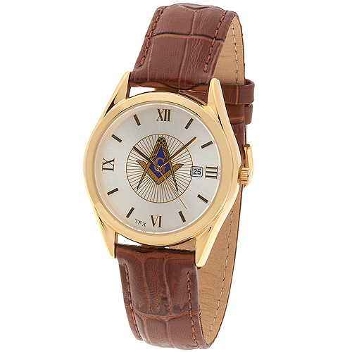 Gold-tone Bulova TFX Masonic Watch with Cognac Leather Strap