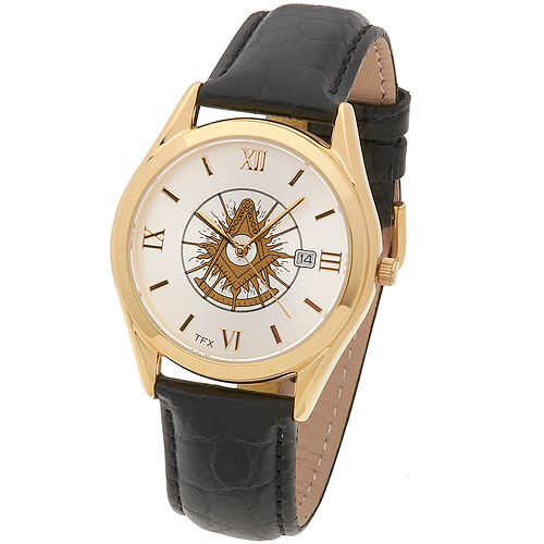 Gold-tone Bulova TFX Past Master Mason Watch with Black Leather Strap
