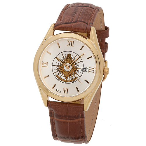 Gold-tone Bulova TFX Past Master Mason Watch with Cognac Leather Strap
