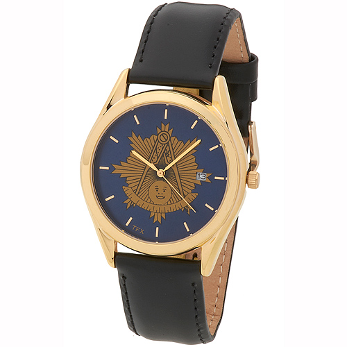 Gold-tone Bulova Past Master Mason Blue Watch with Black Leather Strap
