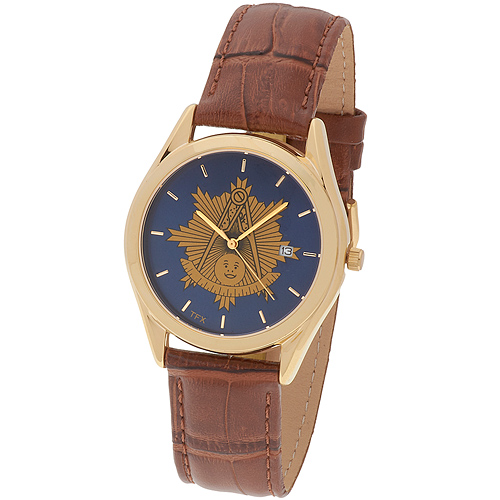 Gold-tone Bulova Past Master Mason Blue Watch with Cognac Leather Strap