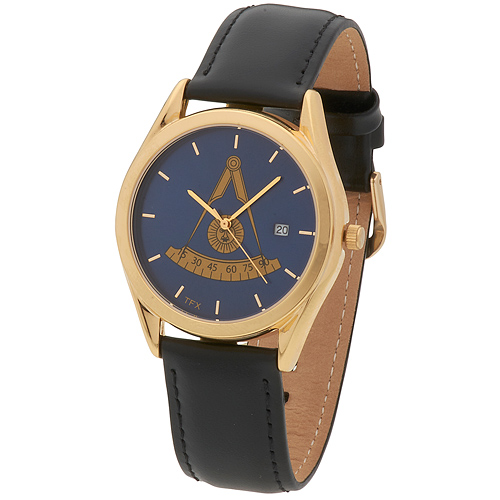 Gold-tone Bulova Scottish Past Master Blue Watch Black Leather Strap
