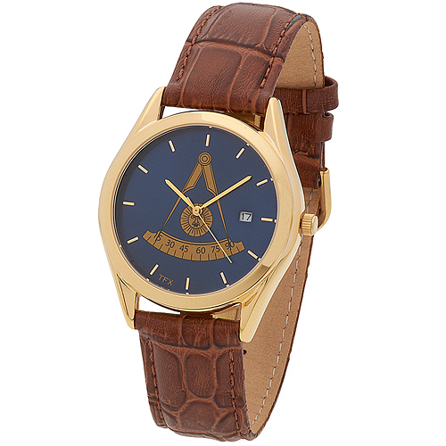Gold-tone Bulova Scottish Past Master Blue Watch Cognac Leather Strap