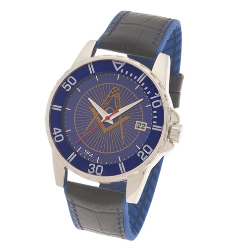 Bulova 44mm Masonic Sport Watch Blue Dial with Black Leather Strap