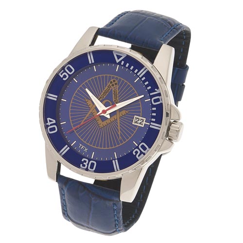 Bulova 44mm Masonic Sport Watch Blue Dial with Blue Leather Strap