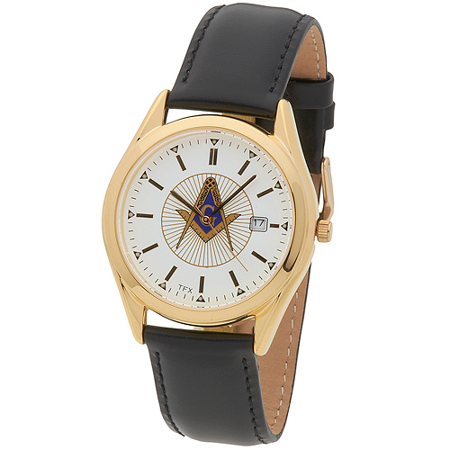 Gold-tone Bulova Masonic White Dial Watch with Leather Strap