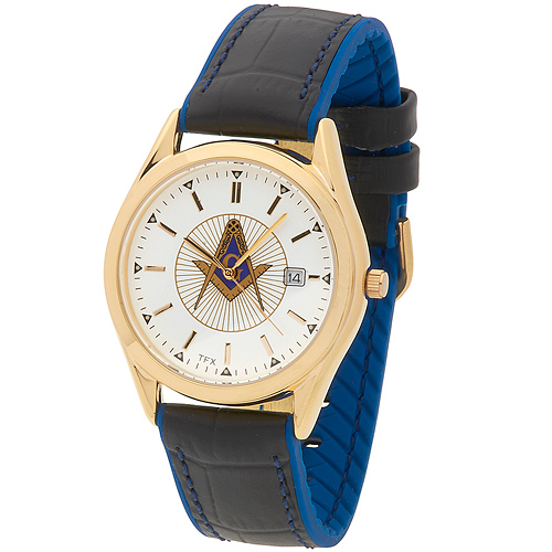 Gold-tone Bulova Masonic Watch with Blue and Black Leather Strap