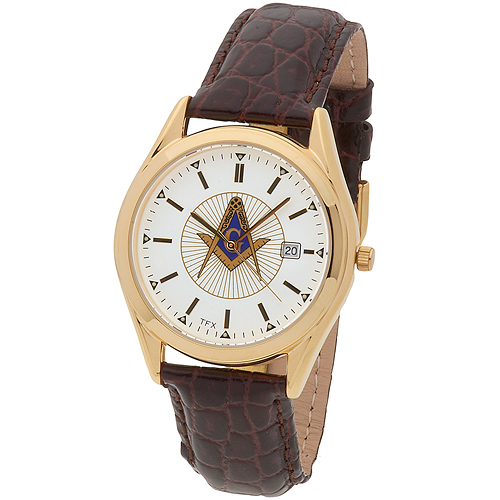 Gold-tone Bulova Masonic White Dial Watch with Brown Leather Strap