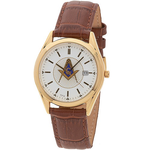 Gold-tone Bulova Masonic White Dial Watch with Cognac Leather Strap
