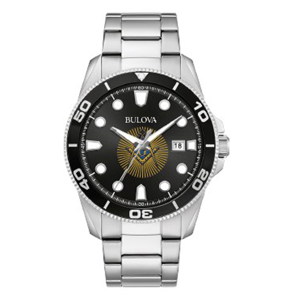Bulova 43mm Masonic Diver Style Watch Black Dial with Steel Bracelet