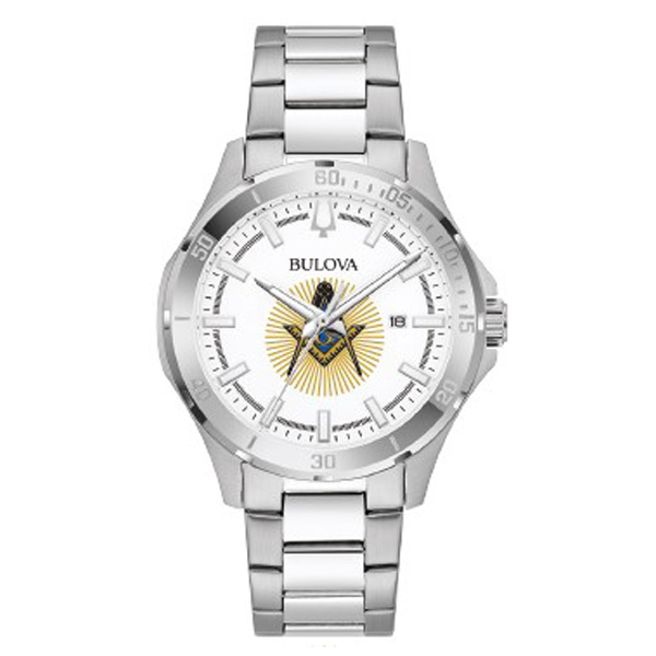 Bulova 41mm Masonic Watch White Dial with Steel Bracelet