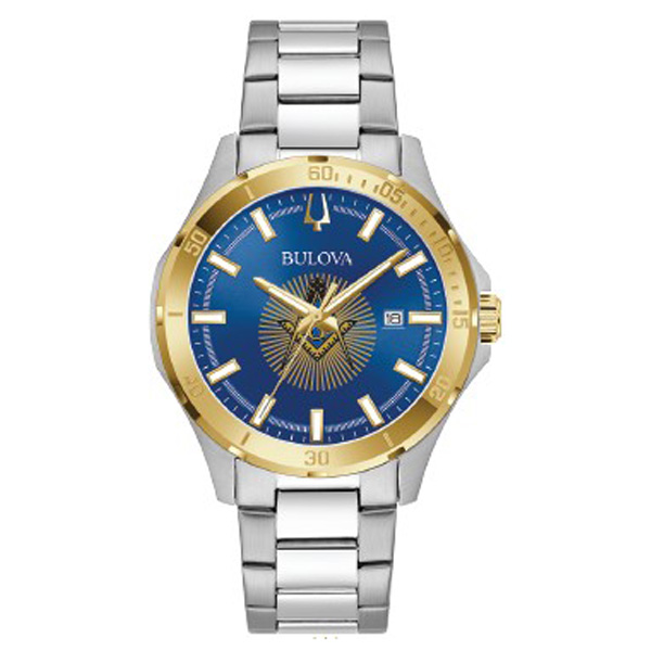 Bulova 41mm Masonic Watch Blue Dial Two Tone with Steel Bracelet