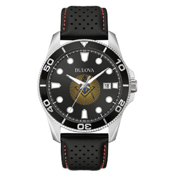 Bulova 43mm Masonic Watch Diver Style Black Dial with Leather Strap