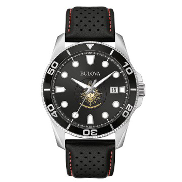 Bulova 43mm Past Master Watch Black Dial Diver Style with Leather Strap