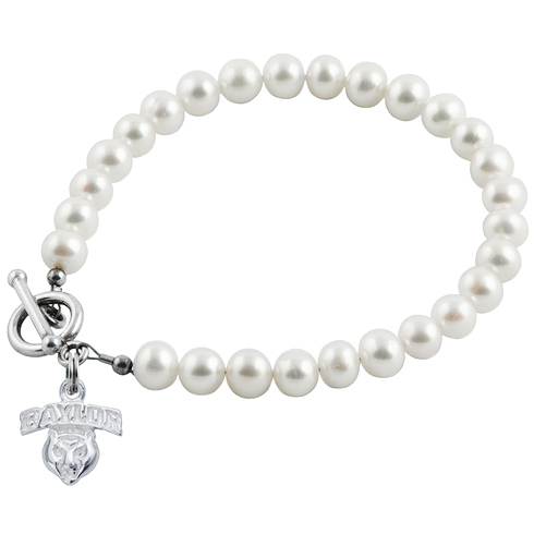 Sterling Silver Baylor University Bear White Pearl Bracelet