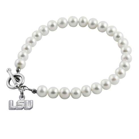 Sterling Silver LSU White Pearl Bracelet