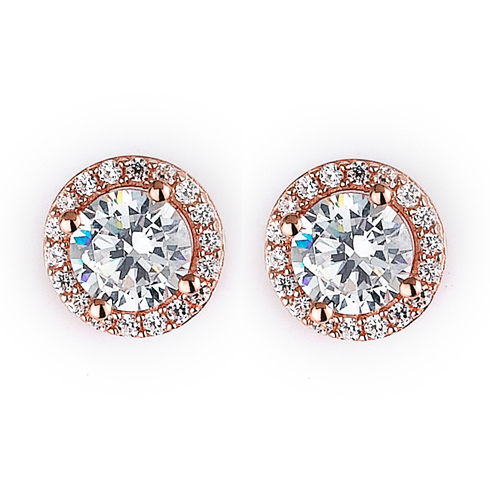Sterling Silver Rose Gold-Plated Cubic Zirconia Halo Earrings