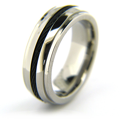 8mm Titanium Domed Beveled Ring with Black Cable Inlay