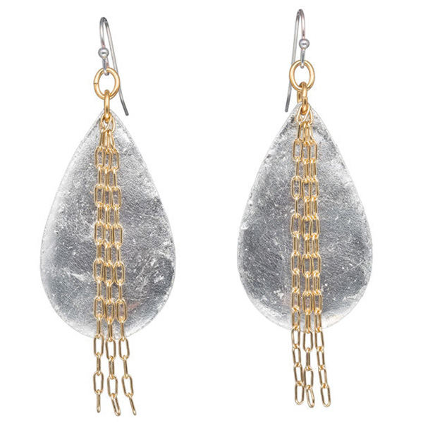 Evocateur Delia in Chains Medium Teardrop Earrings Silver Leaf and Brass