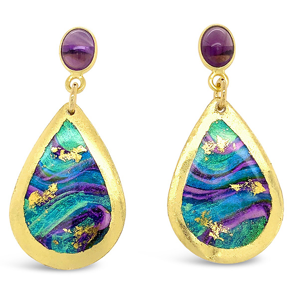 Evocateur Abalone Teardrop Dangle Earrings with Amethyst