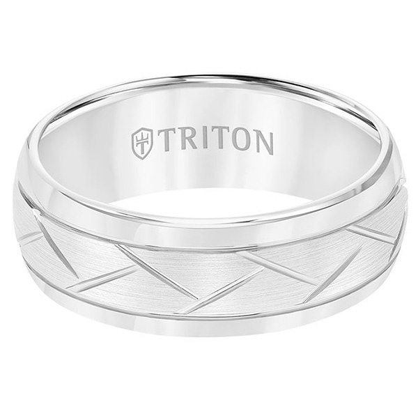 Triton 8mm White Tungsten Carbide Ring With Diagonal Cuts and Beveled Edges