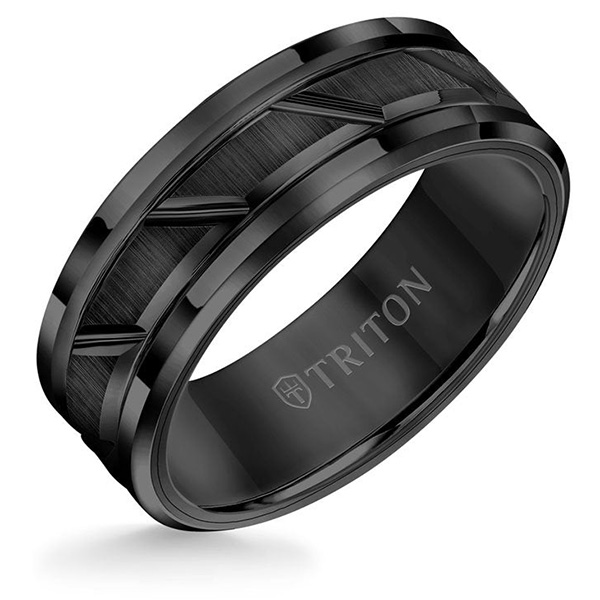 Triton 8mm Black Tungsten Carbide Ring With Diagonal Cut Center and Step Edges